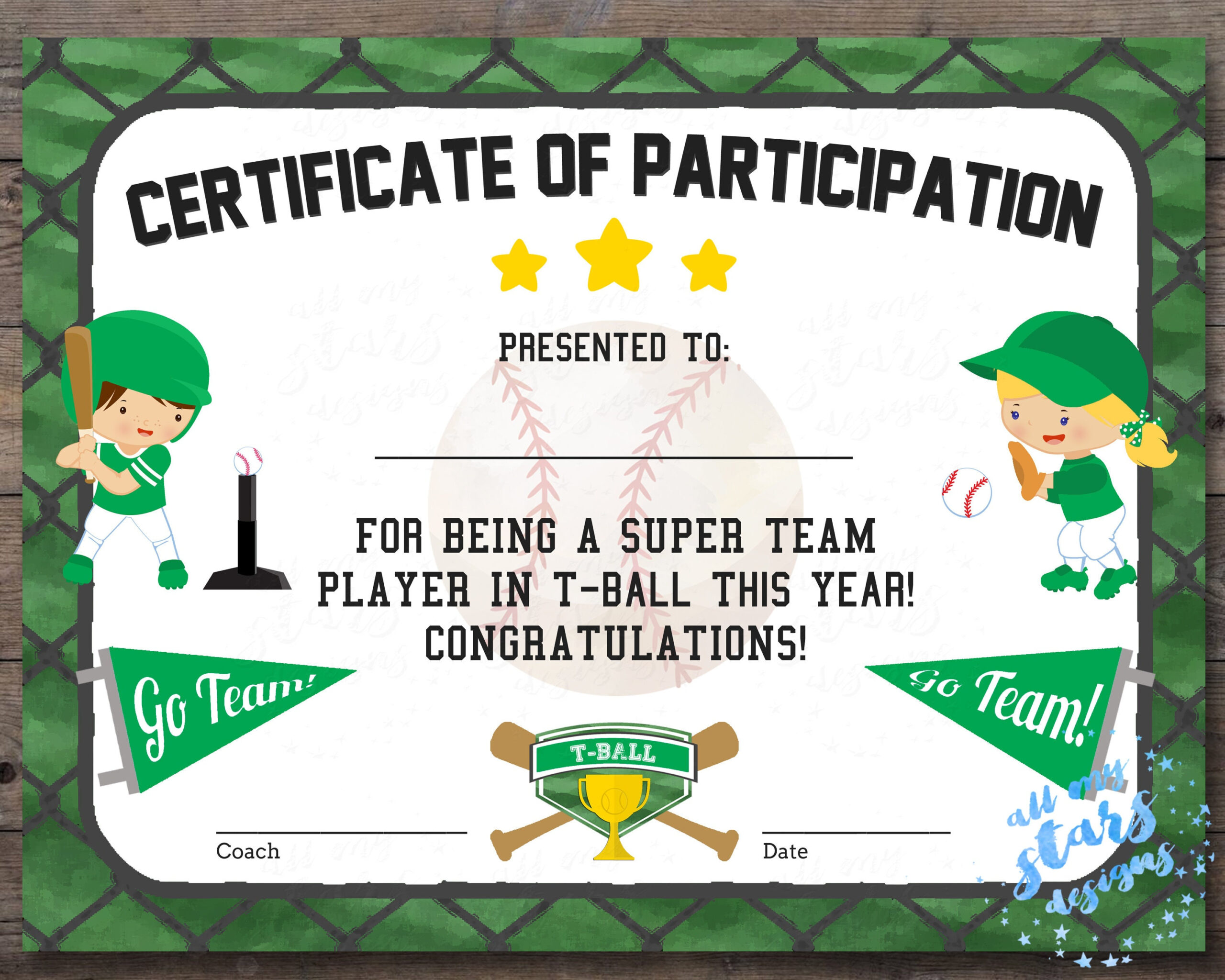 Printable T-Ball Participation Certificate Sports Award Instant with Tball Certificates Free Printable