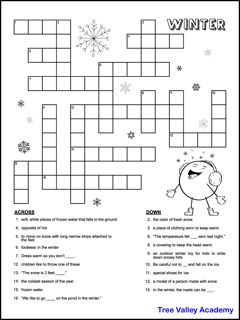 Printable Winter Crossword Puzzles For Kids - Tree Valley Academy inside Easy Printable Crosswords