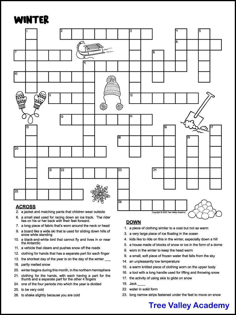 Printable Winter Crossword Puzzles For Kids - Tree Valley Academy regarding Medium Crossword Puzzles Printable