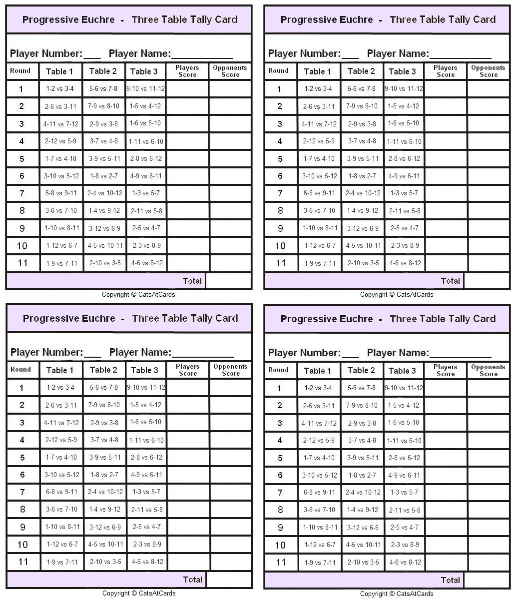 Progressive Euchre Three Table Tally Card - Print for Euchre Score Cards Free Printable