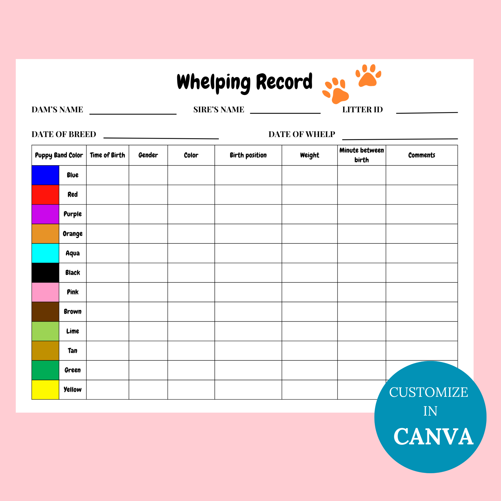 Puppy Whelping Chart Pdf Printable (Instant Download) regarding Free Printable Puppy Weight Puppy Whelping Chart