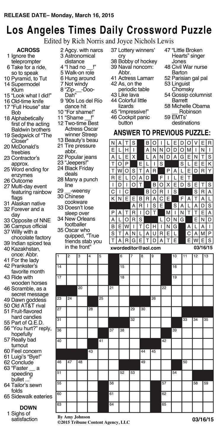 Sample Of Los Angeles Times Daily Crossword Puzzle (Grid Bottom within La Times Crossword Printable