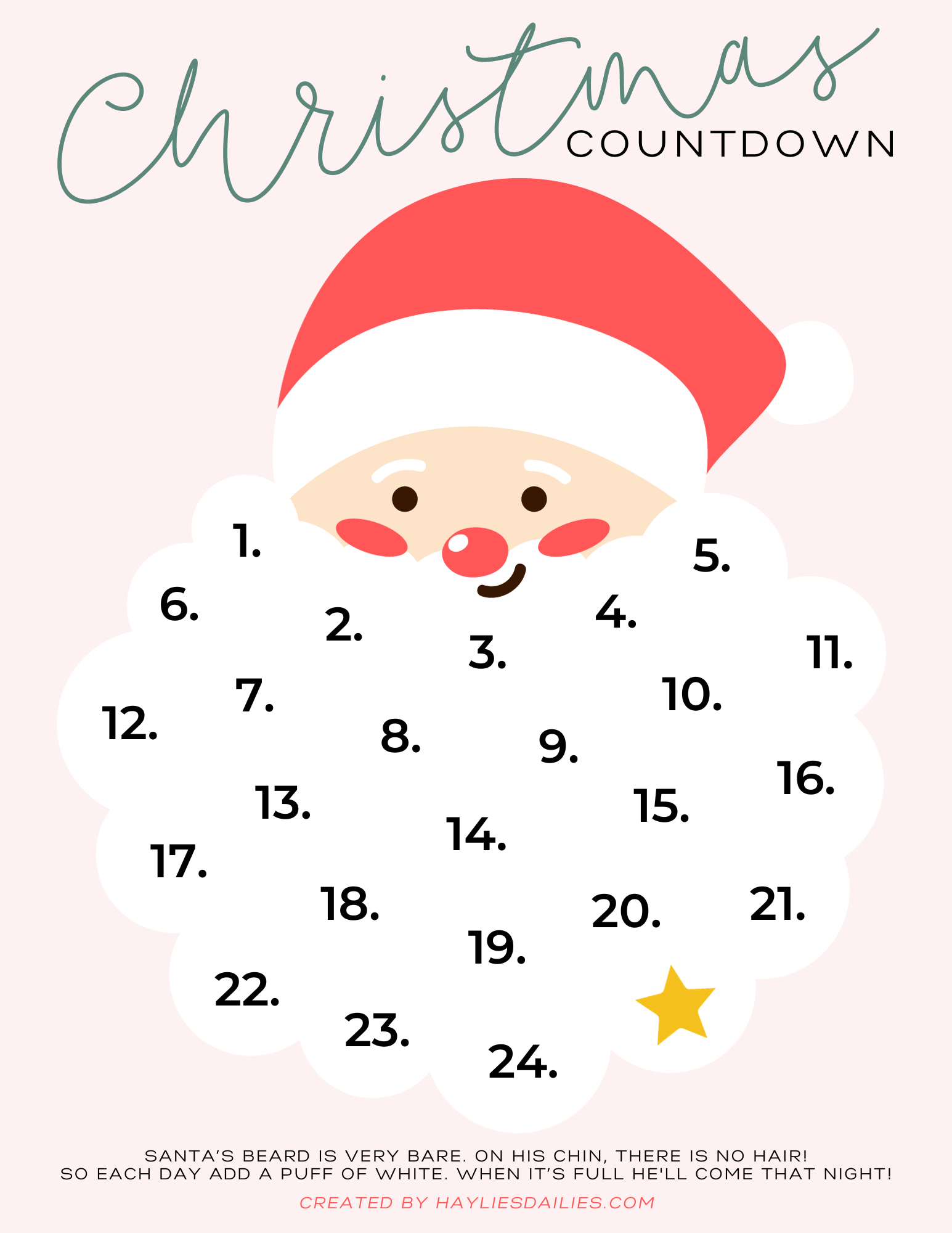 Santa&amp;#039;S Cotton Ball Beard Christmas Countdown: Free Printable throughout Free Printable Santa Cotton Ball Beard