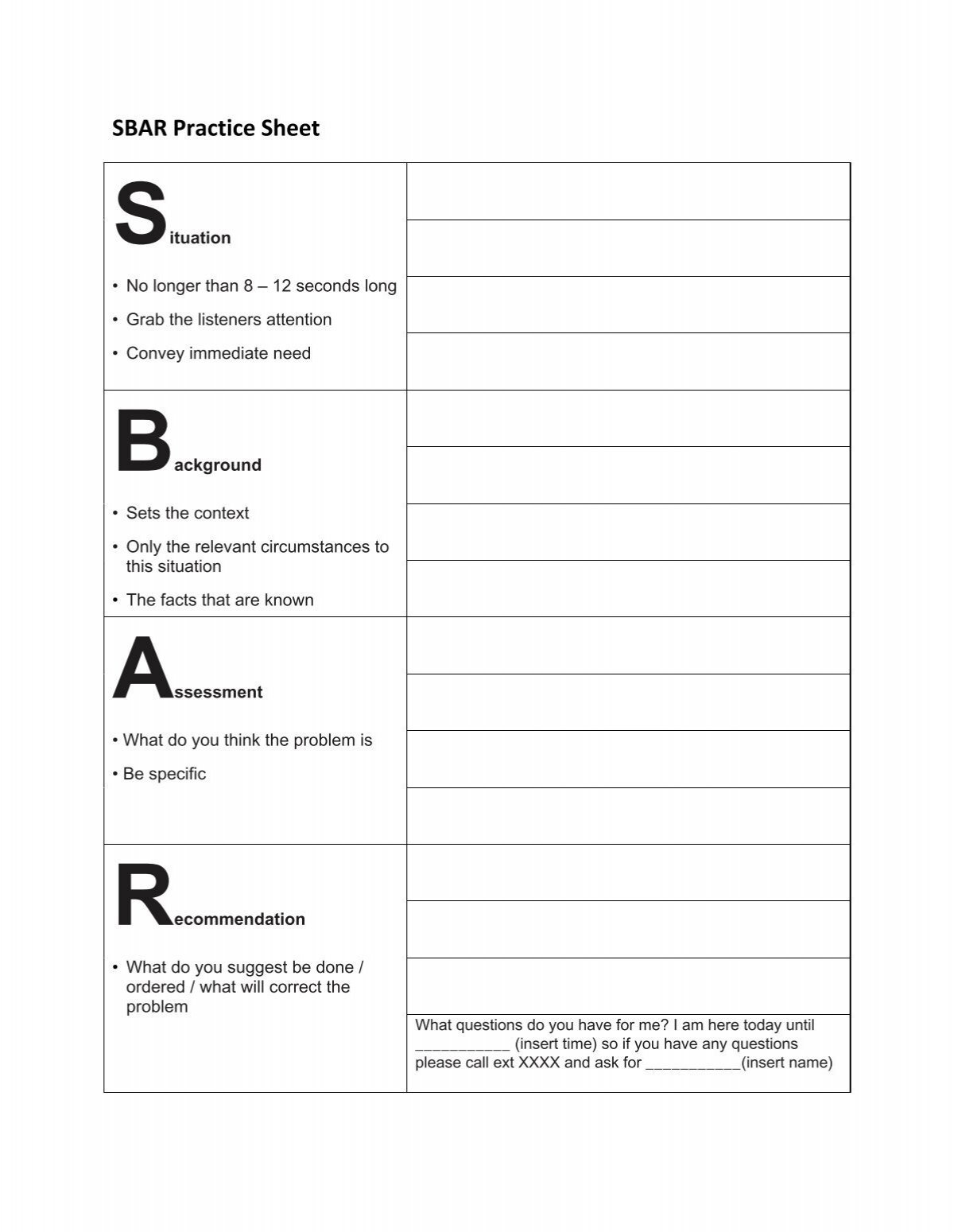 Sbar Practice Sheet pertaining to Free Printable Sbar Template