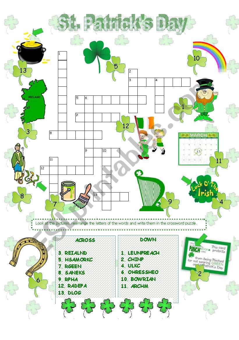 St. Patrick´s Day Crossword - Esl Worksheetanna P with St Patrick&amp;amp;#039;s Day Crossword Puzzle Printable For Adults