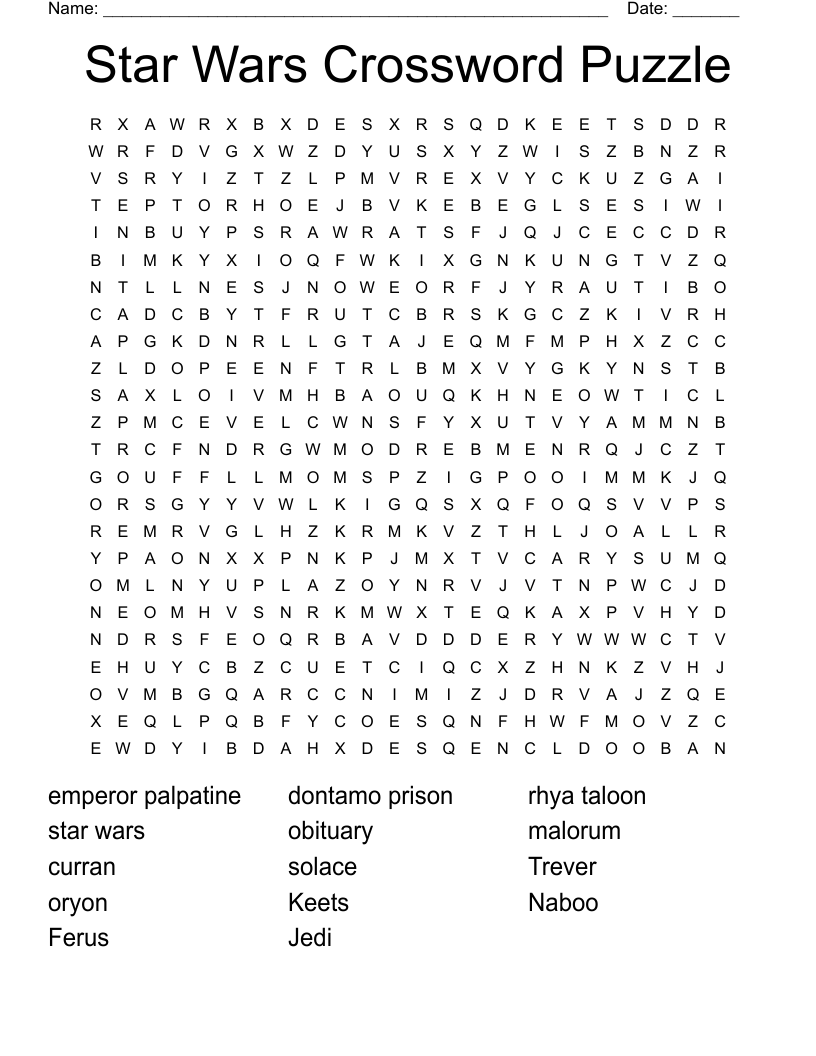 Star Wars Crossword Puzzle Word Search - Wordmint throughout Star Wars Crossword Printable