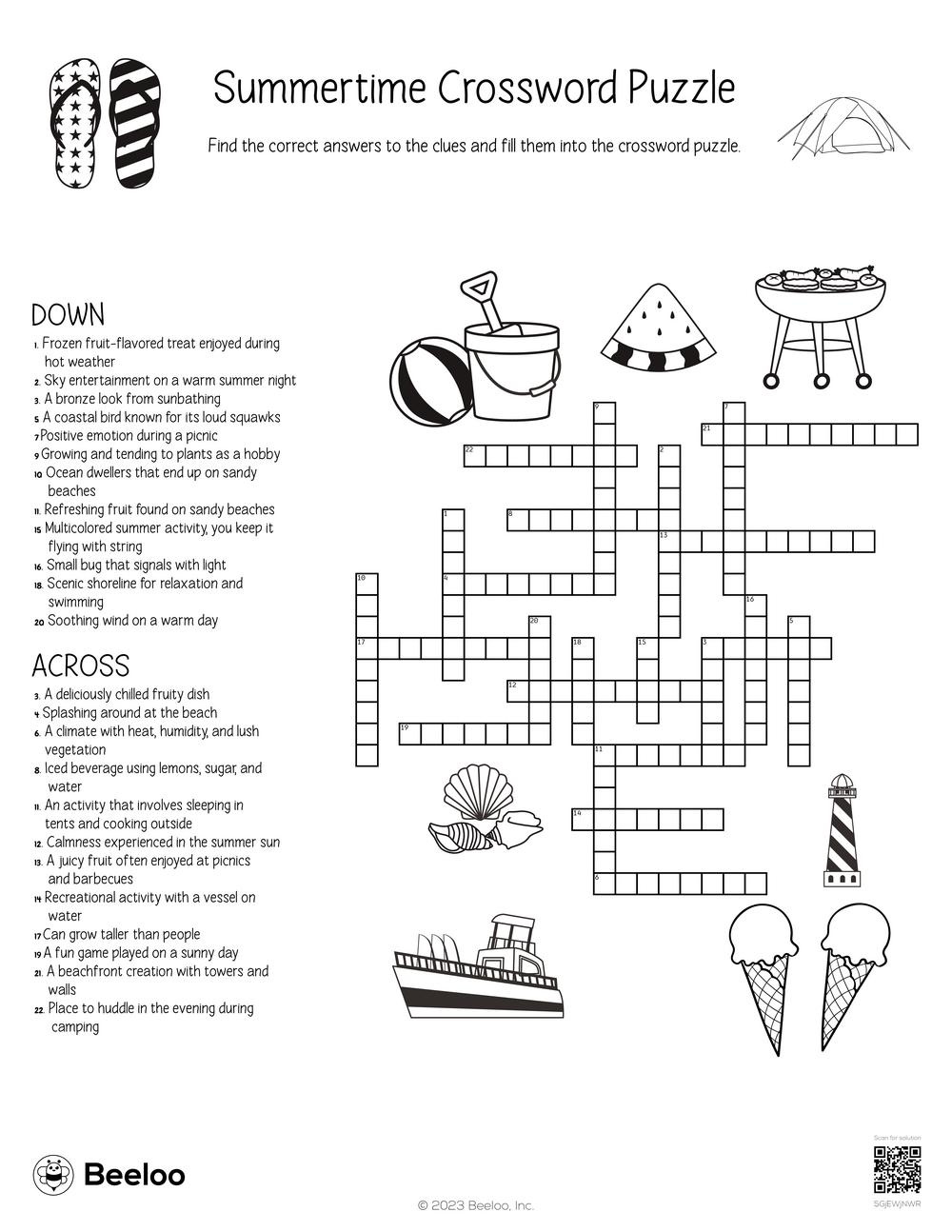 Summertime Crossword Puzzle • Beeloo Printable Crafts And in Summertime Crossword Puzzle Printable