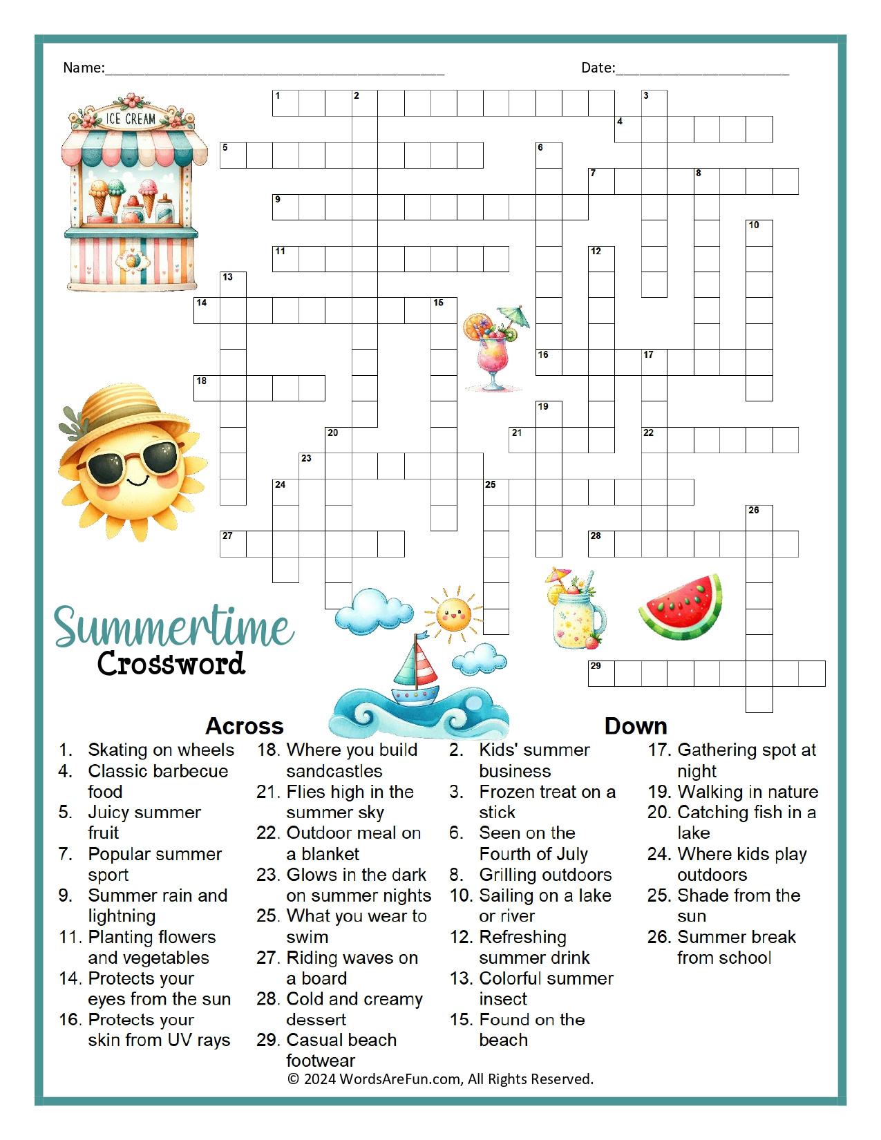 Summertime Crossword Puzzle intended for Summertime Crossword Puzzle Printable