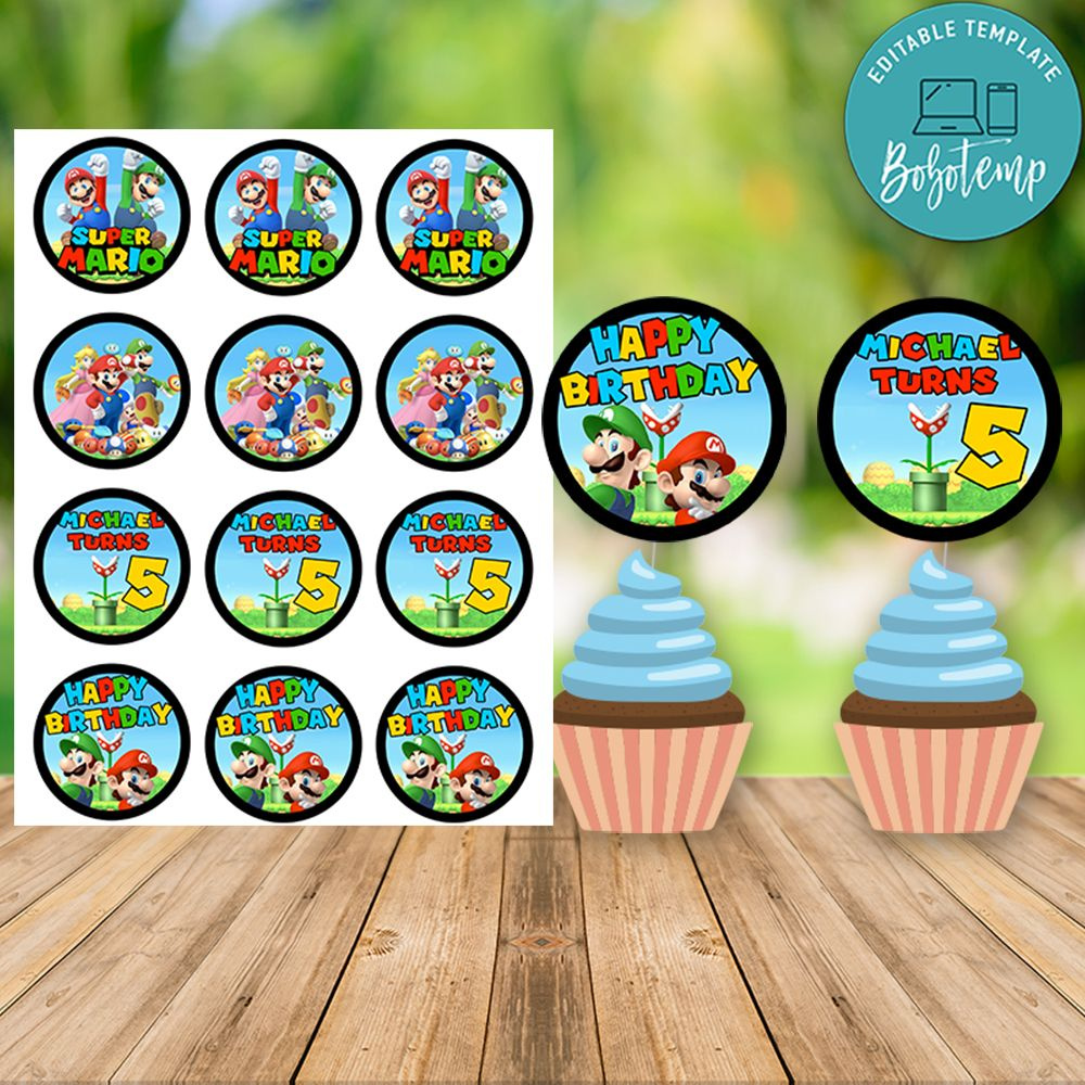 Super Mario Birthday Cupcake Topper Digital File Printable | Bobotemp with Super Mario Cupcake Toppers Free Printables