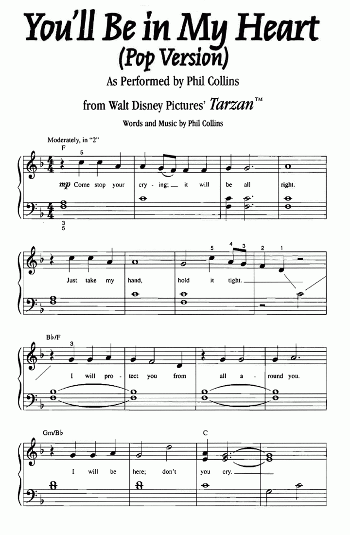 Tarzan You&amp;#039;Ll Be In My Heart Easy Piano Sheet Music | Easy Sheet Music regarding Easy Sheet Music For Piano Free Printable