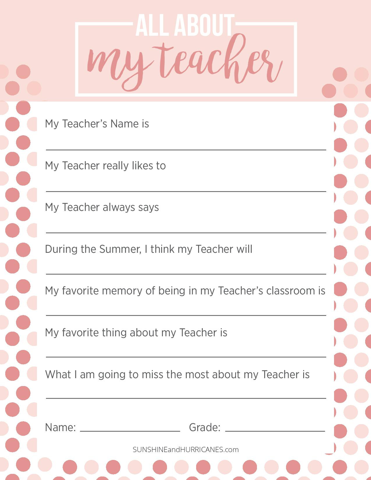 Teacher Appreciation Week Questionnaire - A Personalized Teacher Gift with regard to Free Printable Teacher Appreciation Questionnaire