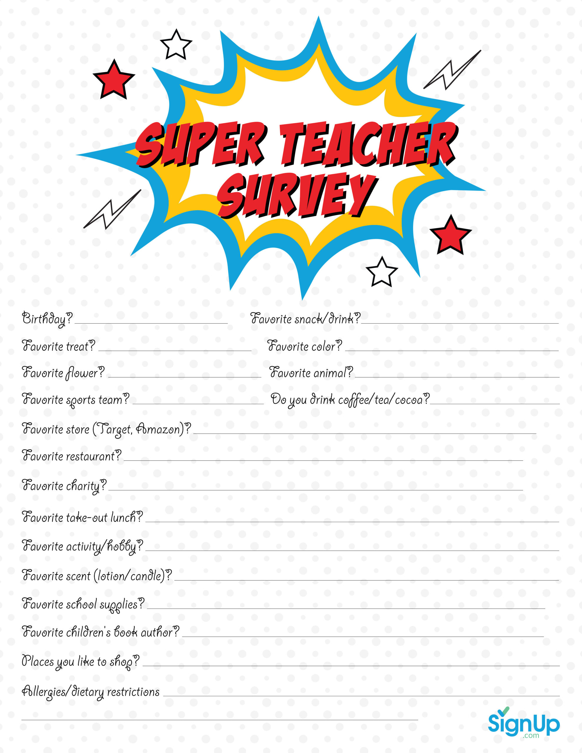 Teacher Survey: Free Downloadable Room Parent Resource | Signup intended for Teacher Questionnaire Free Printable