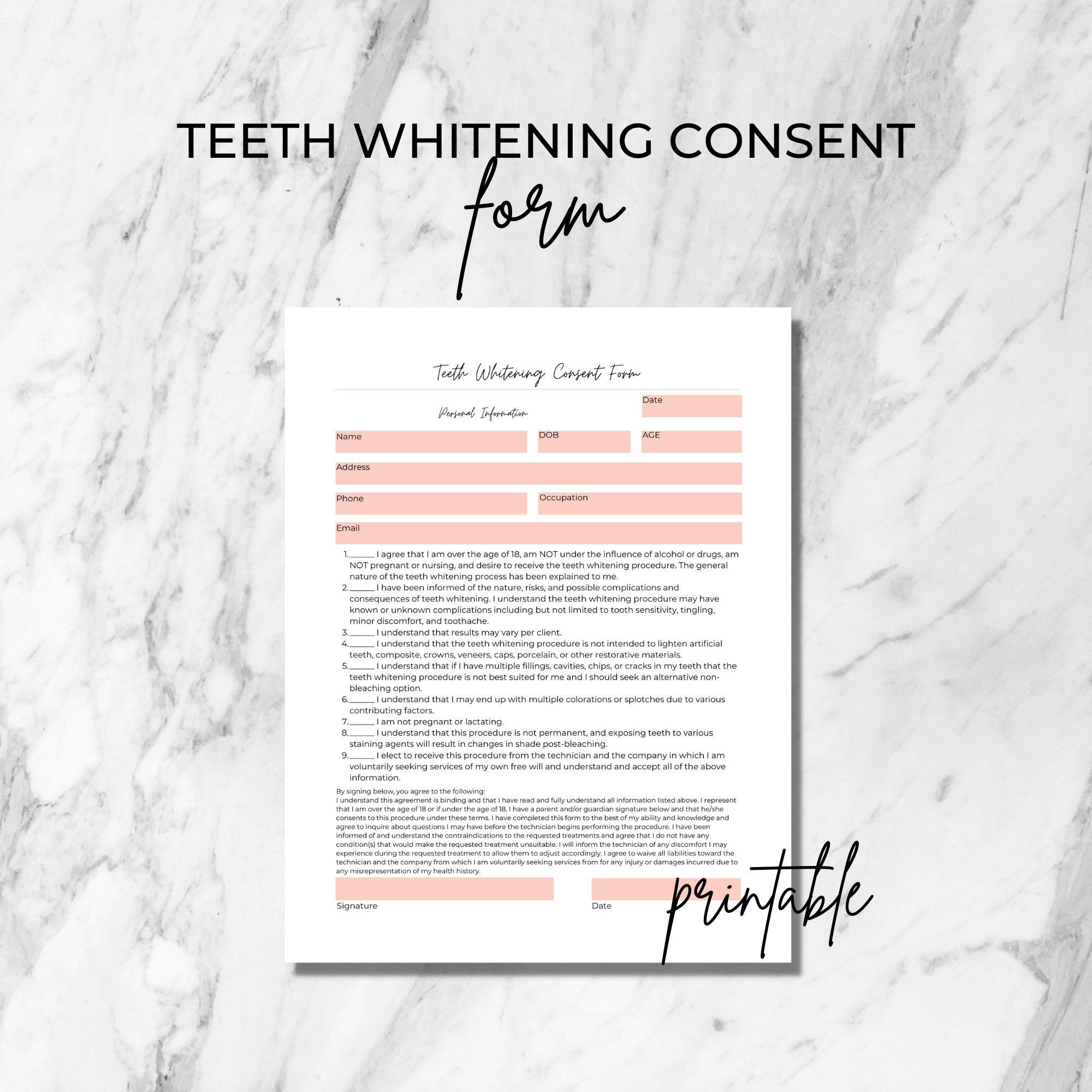 Teeth Whitening Consent Form, Printable 1 Page Pdf, Tooth throughout Free Printable Teeth Whitening Consent Form