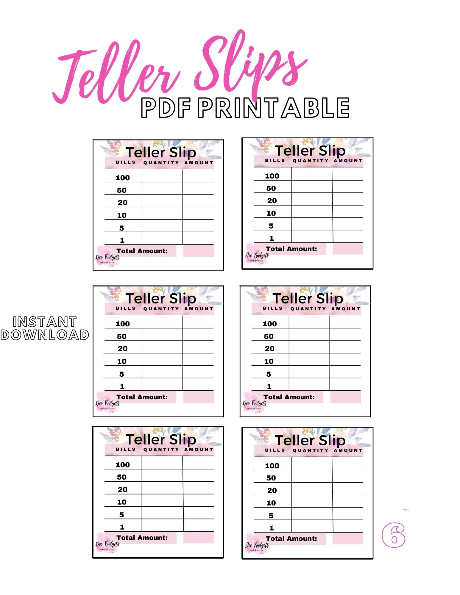 Teller Slips, Cash Breakdown, Printable Cash Breakdown, Bank with Teller Slip Printable Free