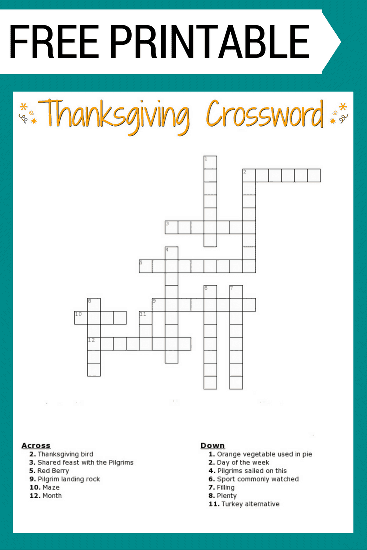 Thanksgiving Crossword Puzzle Free Printable For Kids Or Adults for Printable Thanksgiving Crossword Puzzles For Adults