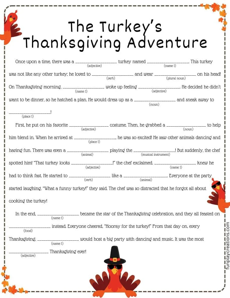 Thanksgiving Mad Libs Printables pertaining to Free Printable Thanksgiving Mad Libs