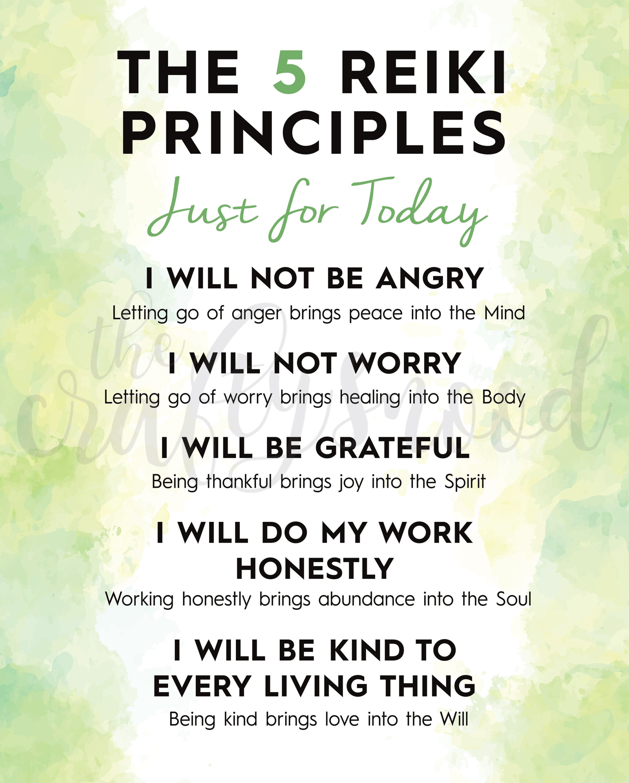 The Reiki 5 Principles - Green - Instant Download Poster intended for Reiki Principles Printable Free