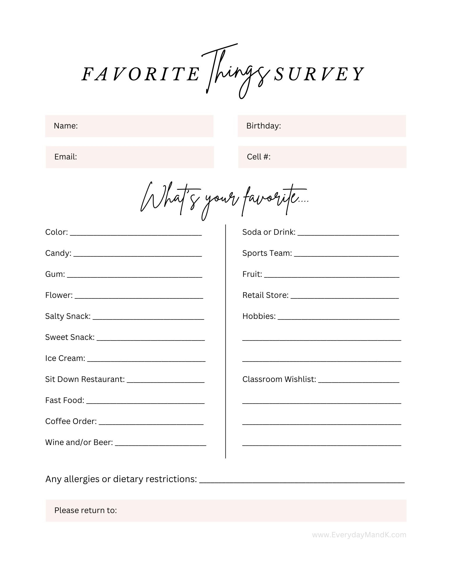 This Teacher &amp;#039;Favorite Things&amp;#039; Survey Is A Great Tool For Parents with Teacher Questionnaire Free Printable