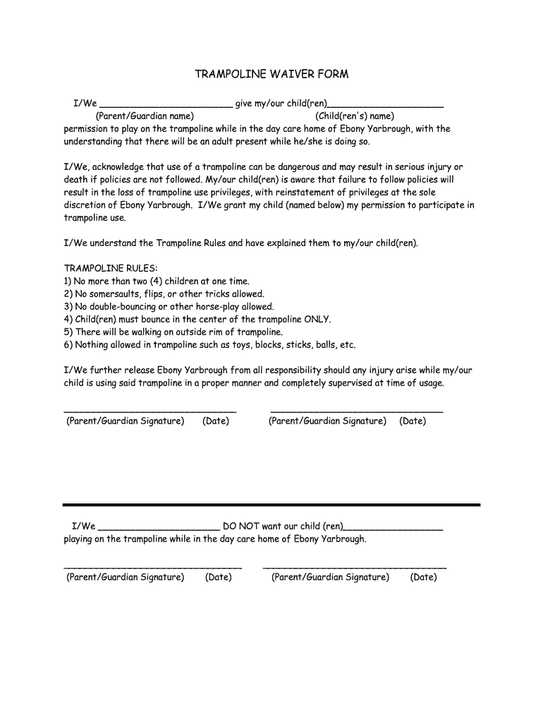 Trampoline Waiver - Fill Online, Printable, Fillable, Blank inside Homeowner Free Printable Trampoline Waiver Form