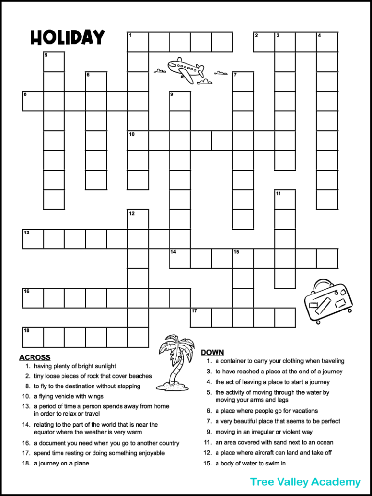 Vacation Crossword Puzzles - Tree Valley Academy throughout Holiday Crossword Puzzle Printable