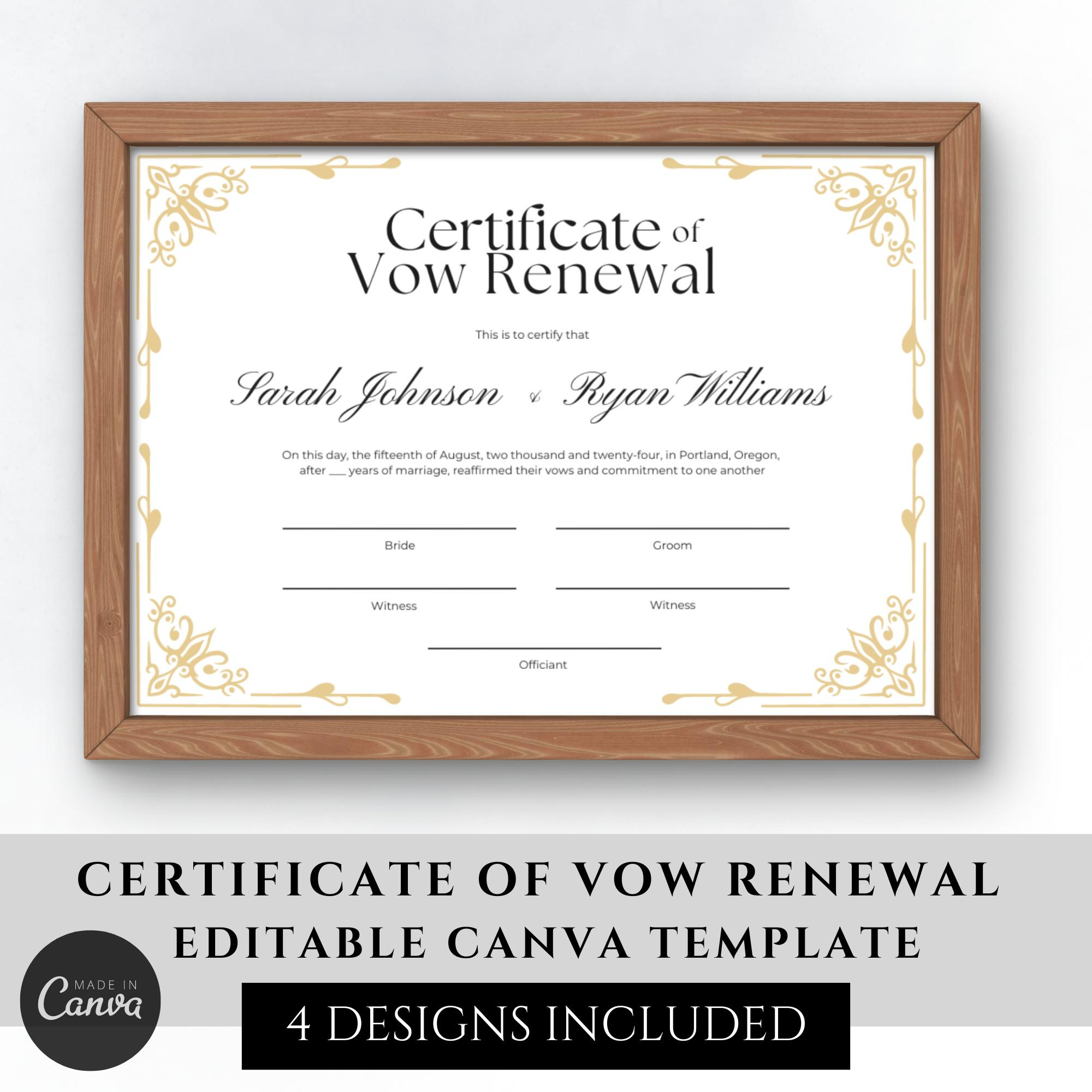 Vow Renewal Certificate Printable, Editable Vow Renewal Template with Free Printable Renewal of Vows Certificate