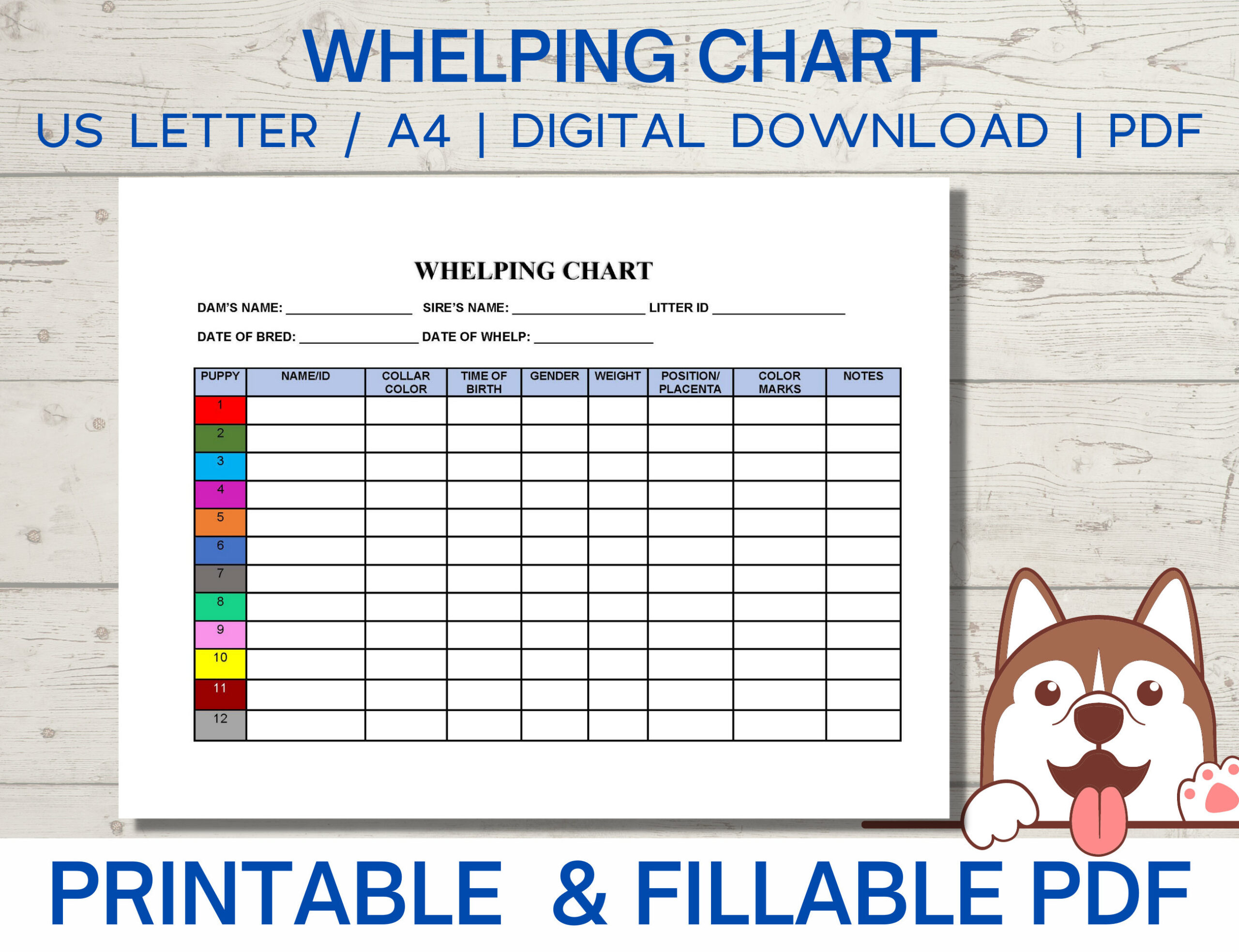 Whelping Chart Editable, Whelping Record, Puppy Whelping, Breeder throughout Free Printable Puppy Weight Puppy Whelping Chart