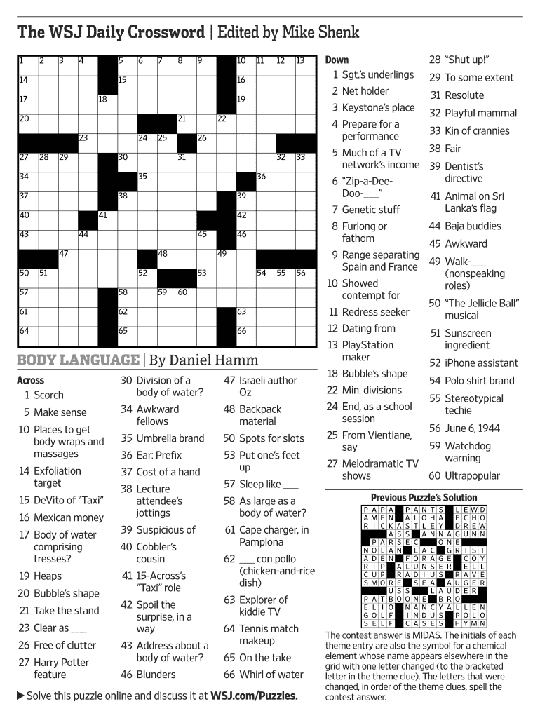 Wsj Crossword Today Printable Pdf - Fill Online, Printable in Wall Street Journal Crossword Printable