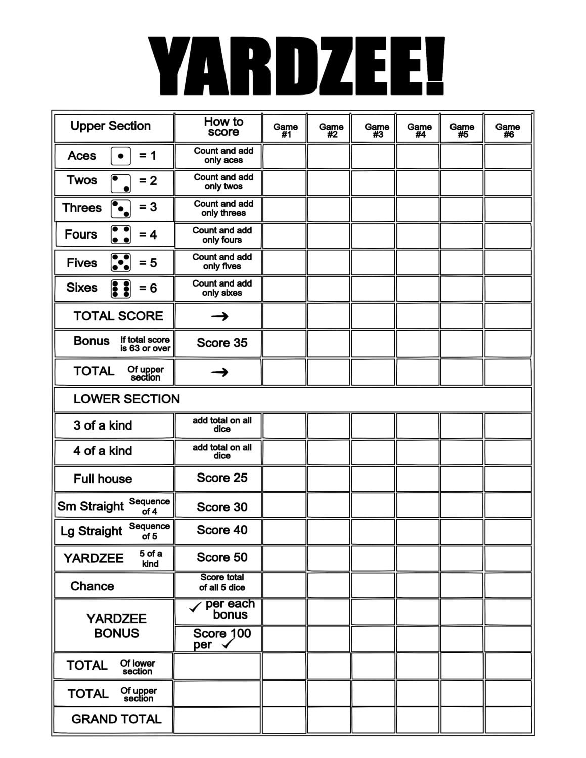 Yahtzee Score Cards Printable | Family Reunion Helper regarding Yardzee Score Card Printable Free