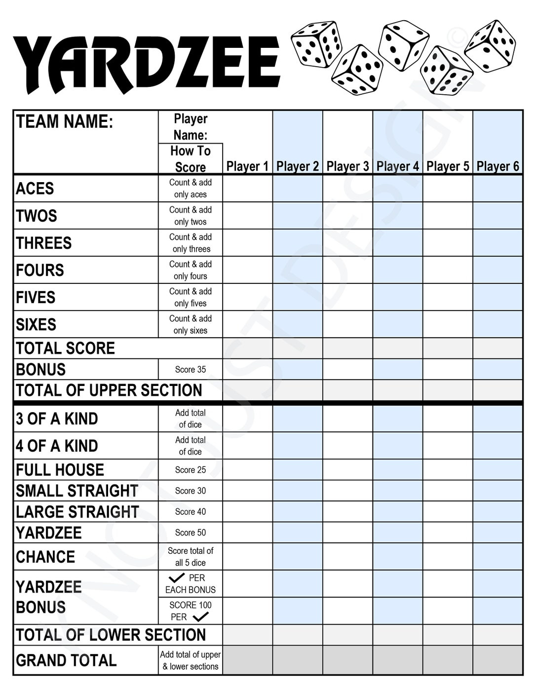 Yardzee Digital Score Card &amp;amp; Rules. Printable, Instant Download within Yardzee Rules Printable Free