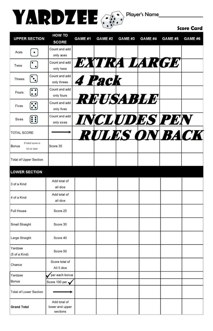 Yardzee Extra Large Scorecard Score Sheet in Yardzee Score Card Printable Free