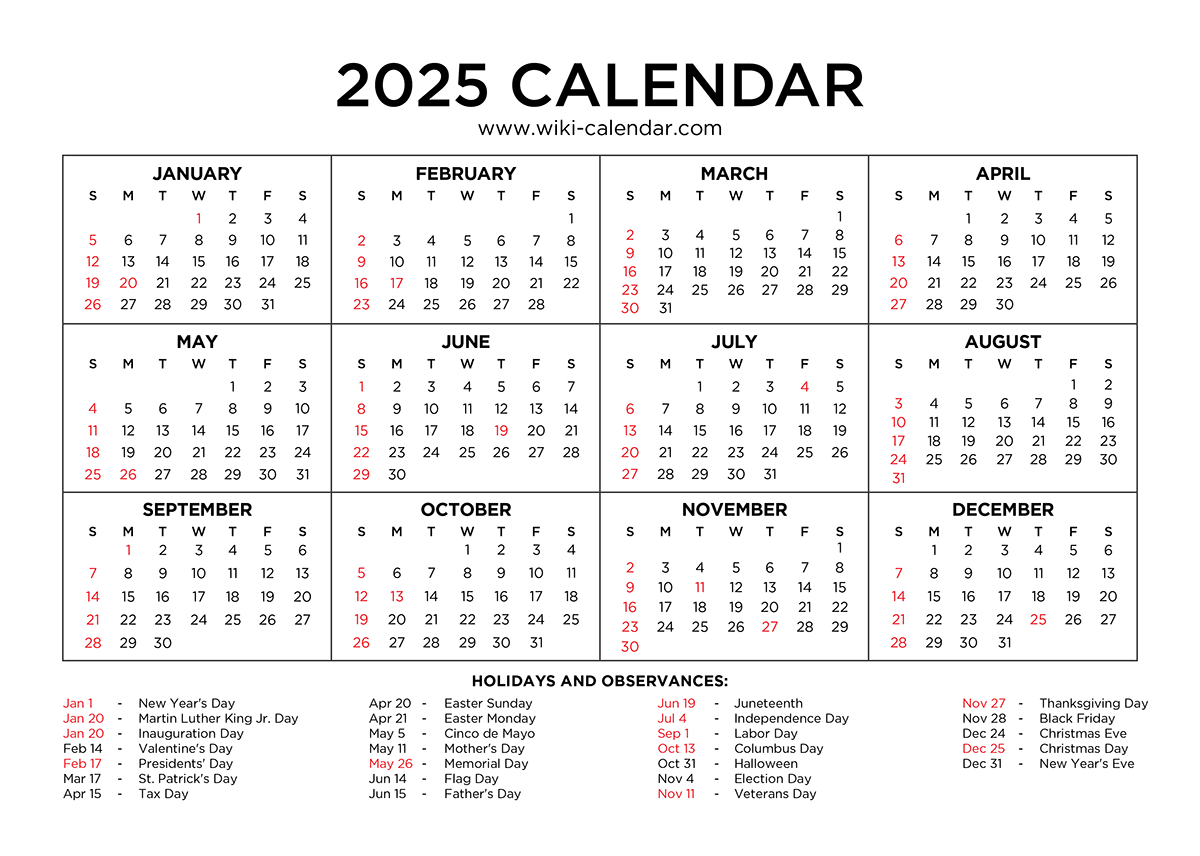 Year 2025 Calendar Printable With Holidays - Wiki Calendar pertaining to Free Printable Calendar 2025 Wiki