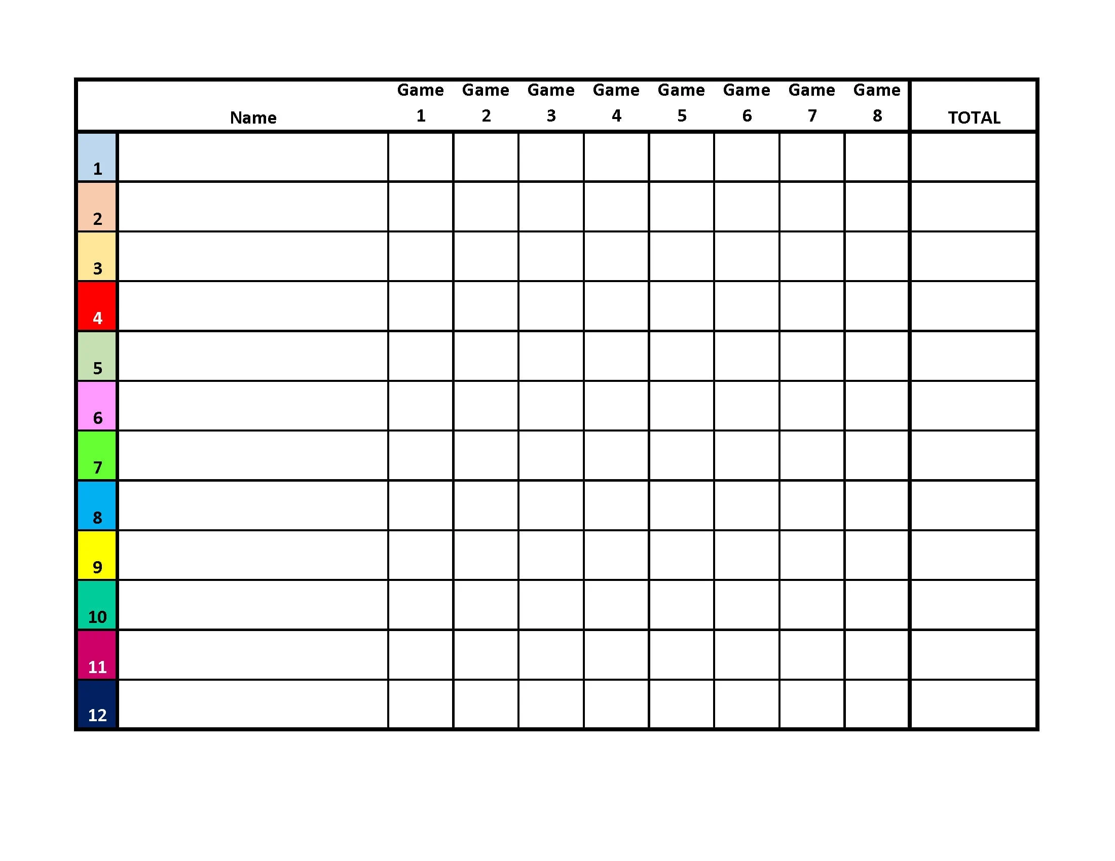 12 Player Euchre Tournament Score Sheet