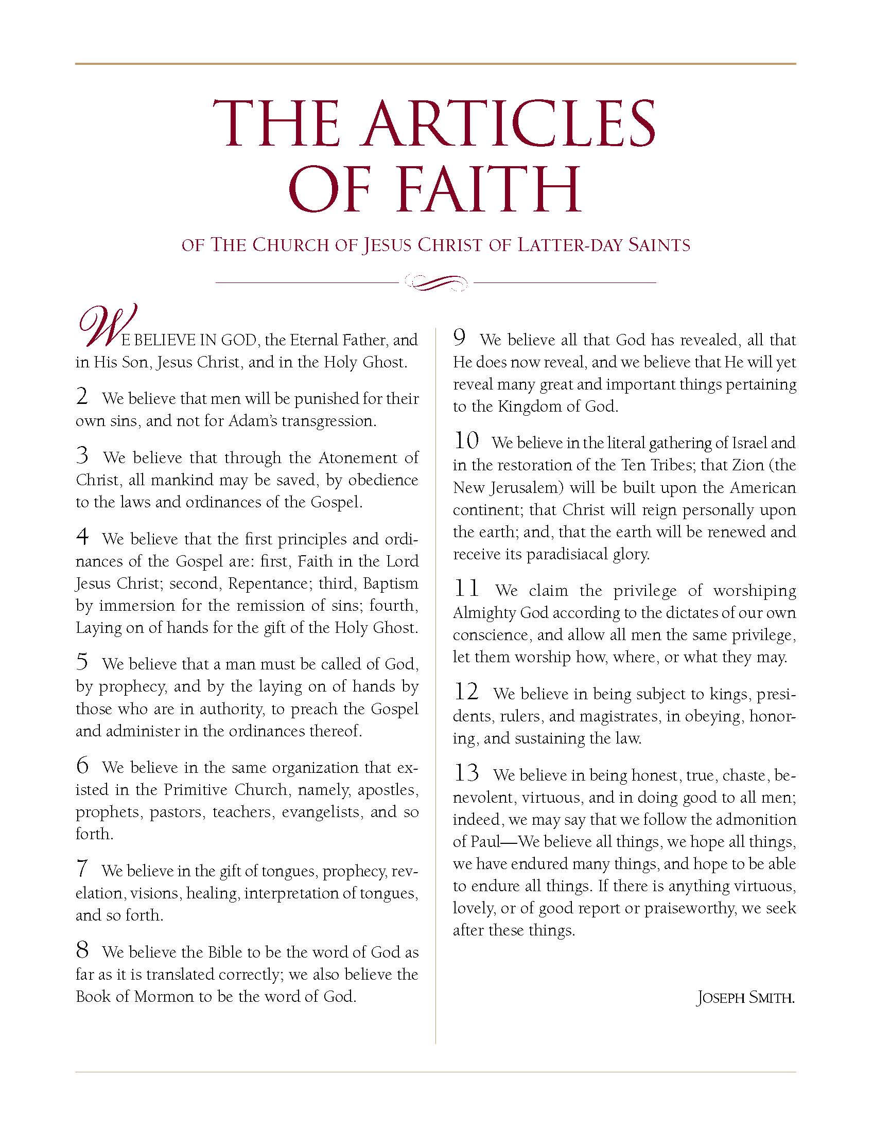 175th Anniversary Of Lds Articles Of Faith
