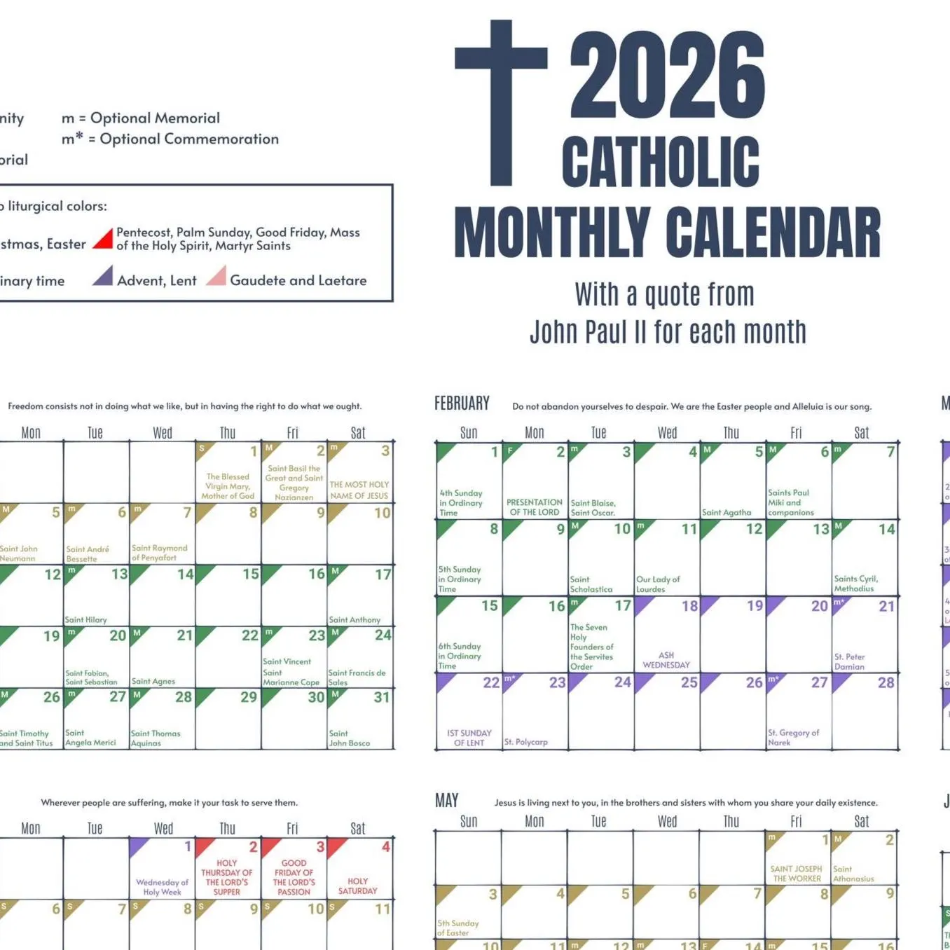 2026 Color Coded Liturgical Calendar