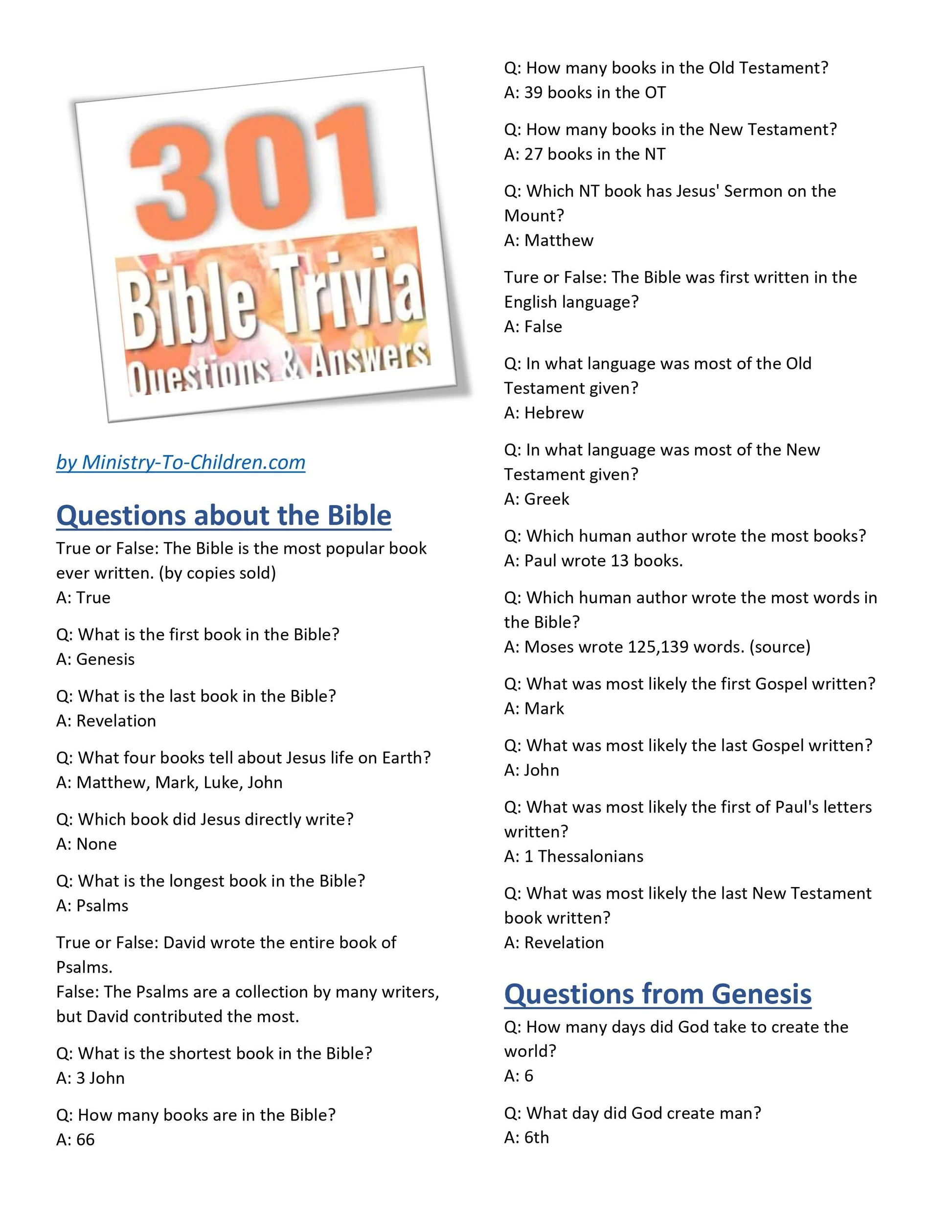 301 Bible Trivia Questions Answers 301 Bible Trivia Questions Answers