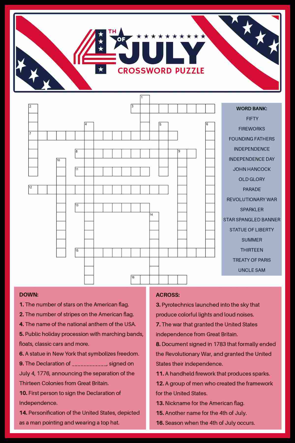 4th Of July Crossword Puzzle 4th Of July Crossword Puzzle