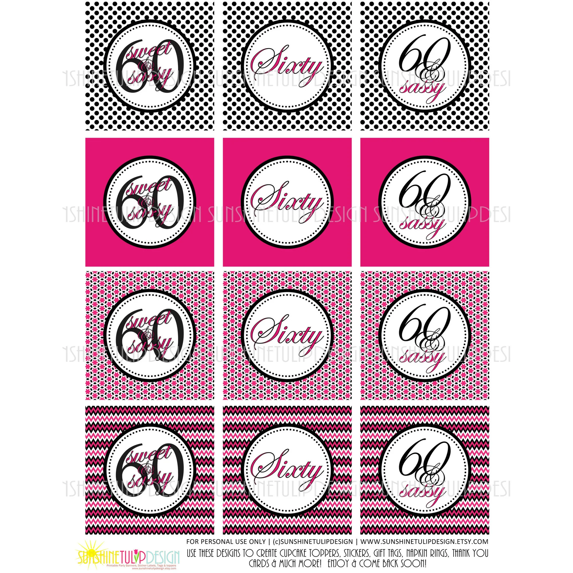60th Birthday Cupcake Toppers Sticker Labels Party Favor Tags