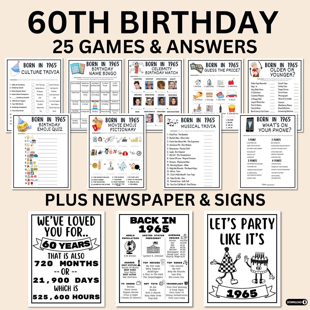 60th Birthday Printable Games Bundle Born In 1964 Party Idea 60th Bday Party Activities Man Woman 1964 Newspaper Poster Trivia Quiz