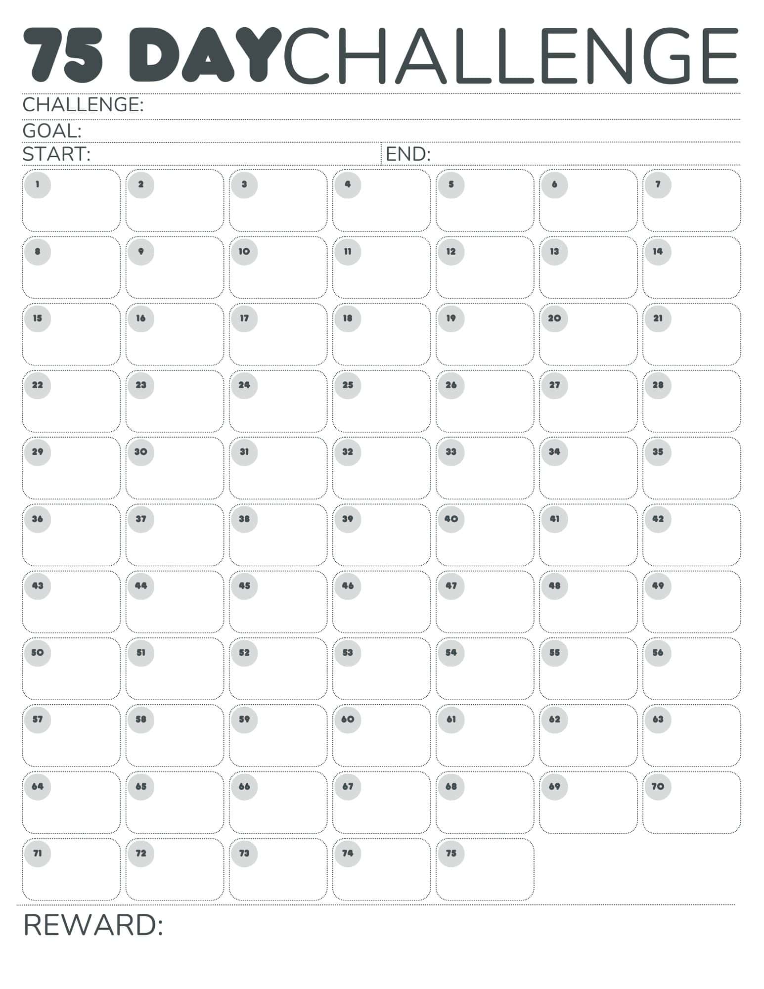 75 Day Challenge Calendar 75 Day Challenge Calendar