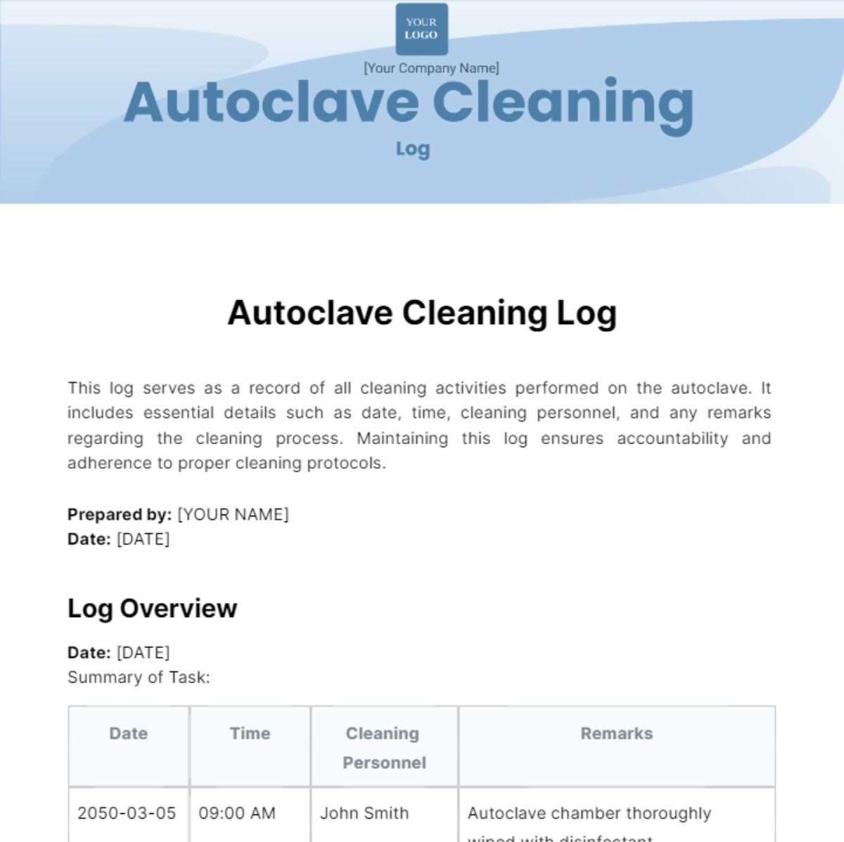 Autoclave Cleaning Log