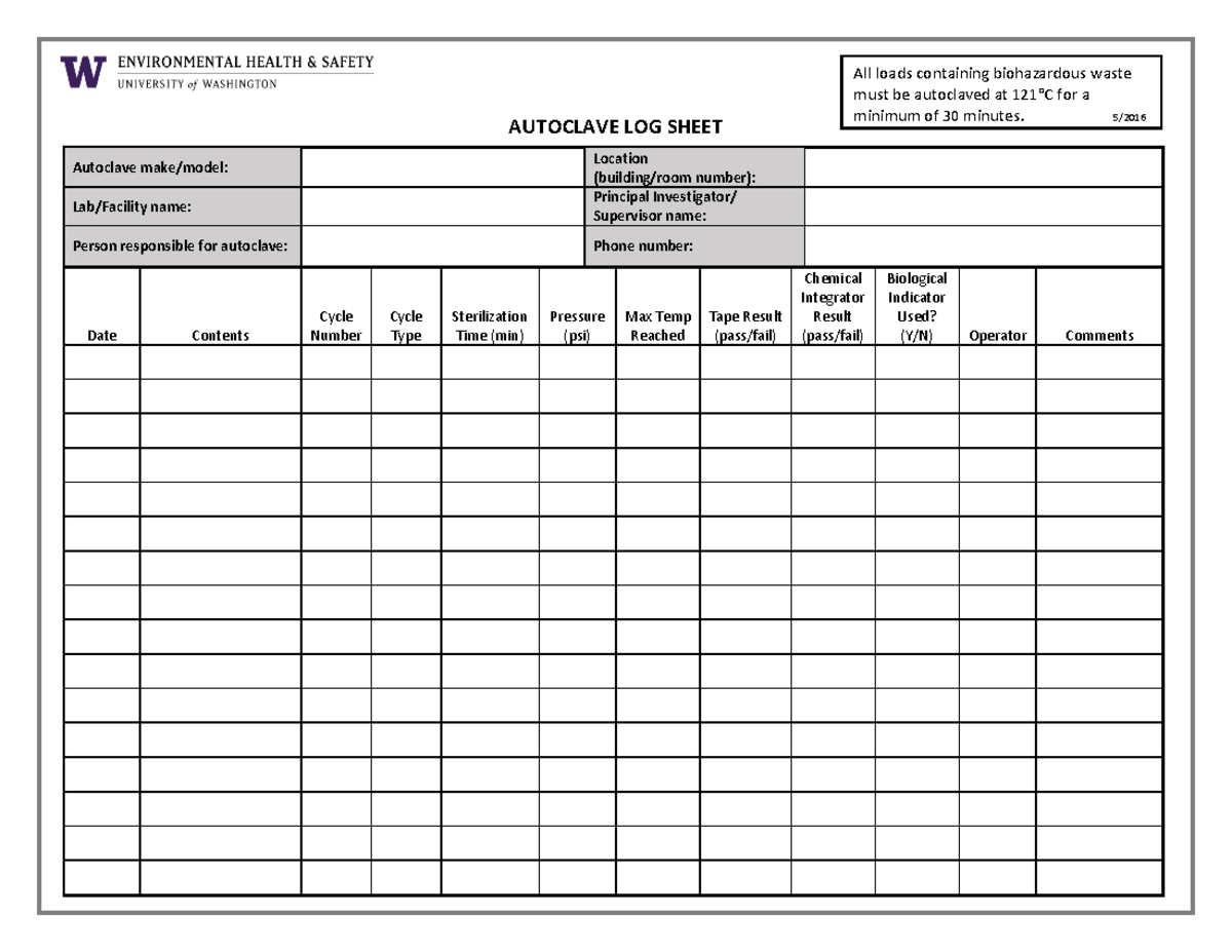 Autoclave Log Sheet Template Autoclave Log Sheet Template