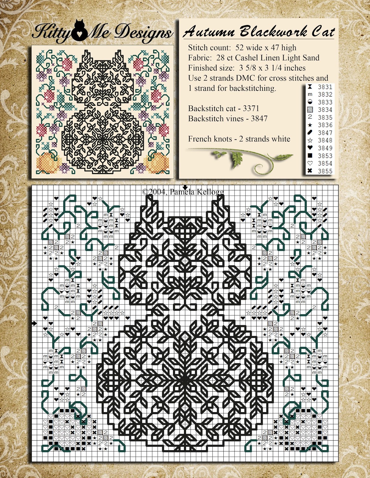 Autumn Blackwork Cat Free Cross Stitch Autumn Blackwork Cat Free Cross Stitch