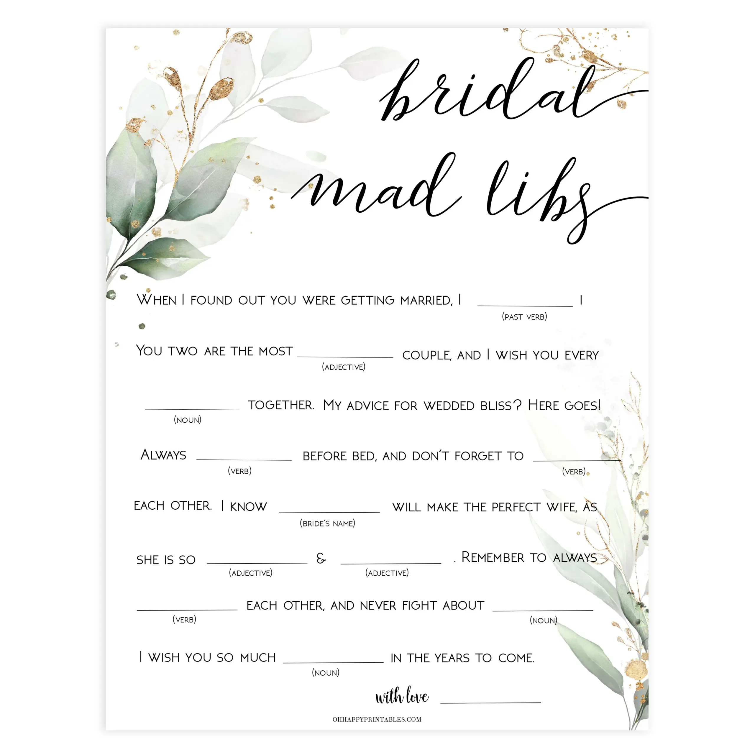 Bridal Mad Libs Game Gold Leaf