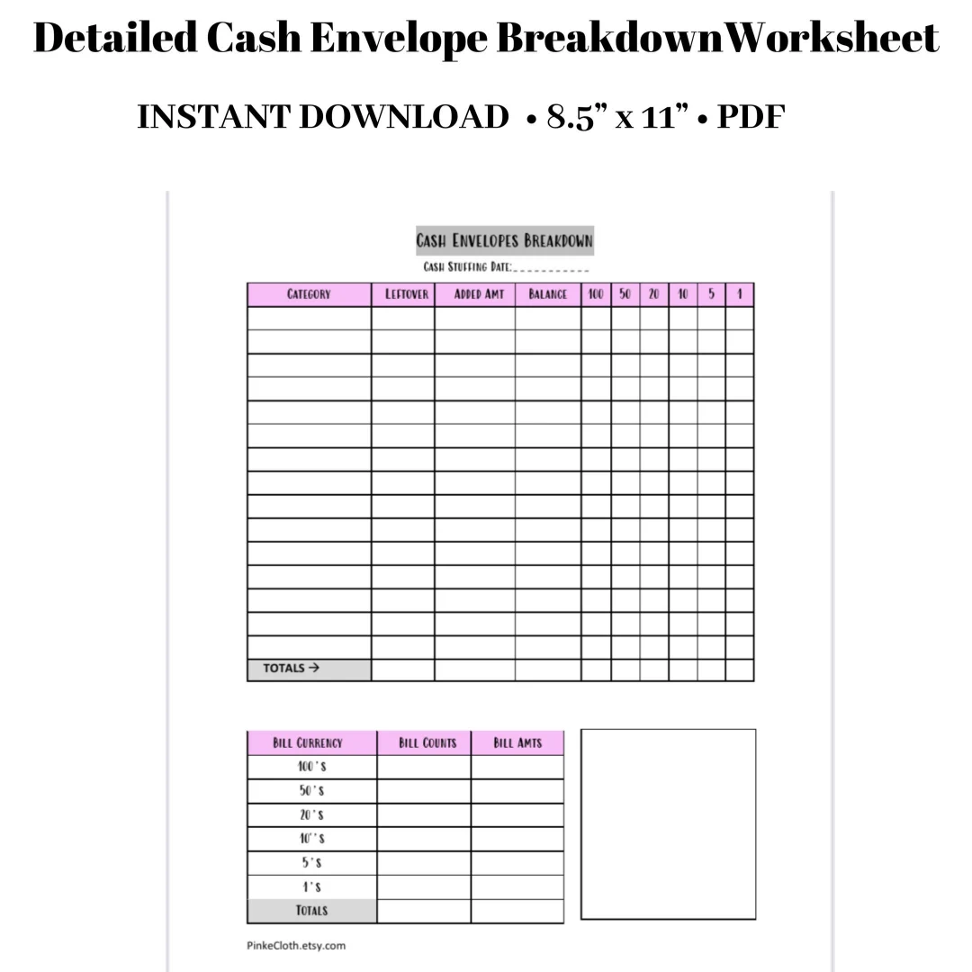 Cash Envelope Breakdown Worksheet Cash