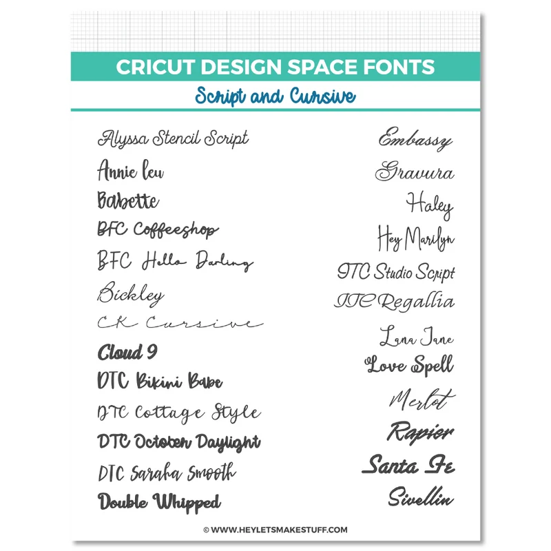 Cricut Fonts Cheat Sheet