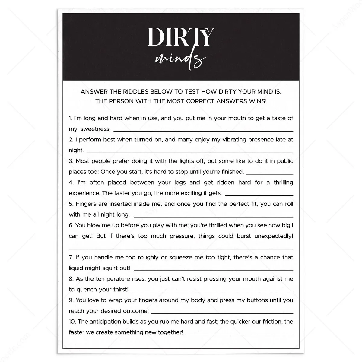 Dirty Minds Card Bachelorette Party Game Printable Dirty Minds Card Bachelorette Party Game Printable