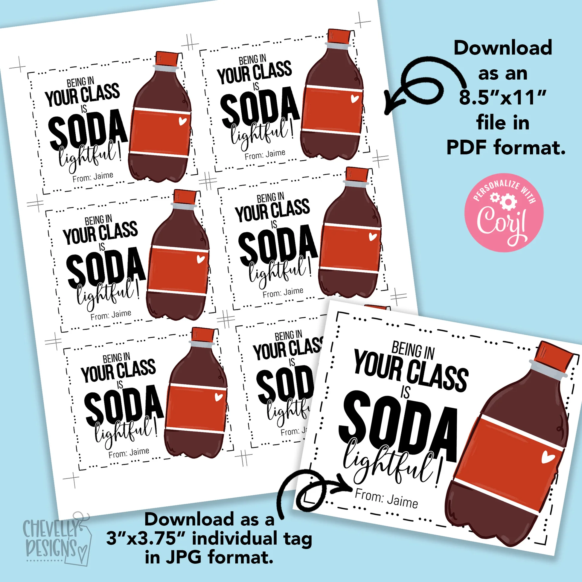 Editable Being In Your Class Is Soda Lightful Printable Teacher Appreciation Gift Tags Tags Digital File