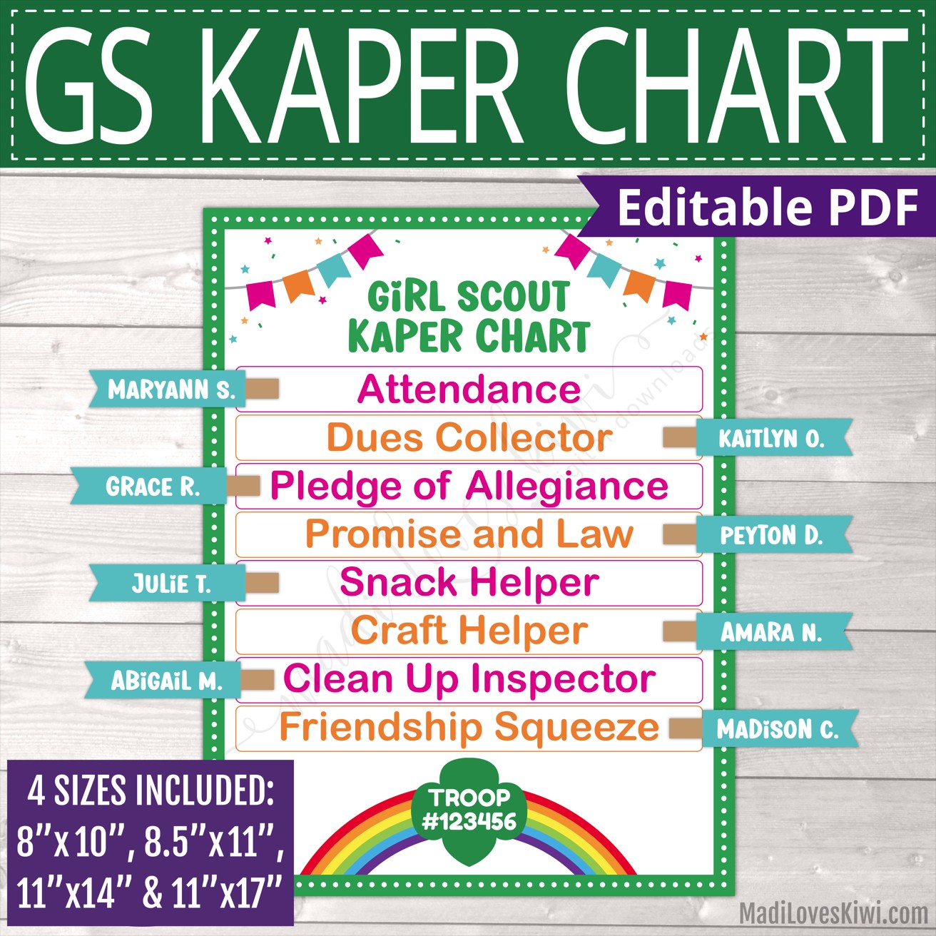 Editable Girl Scout Kaper Chart With Name Label Printable Gs Troop Leader Meeting Board Weekly Task Tracker