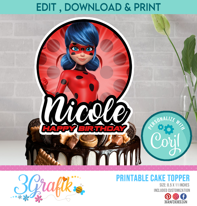 Editable Miraculous Ladybug Cake Topper Printable Diy Party Decoration