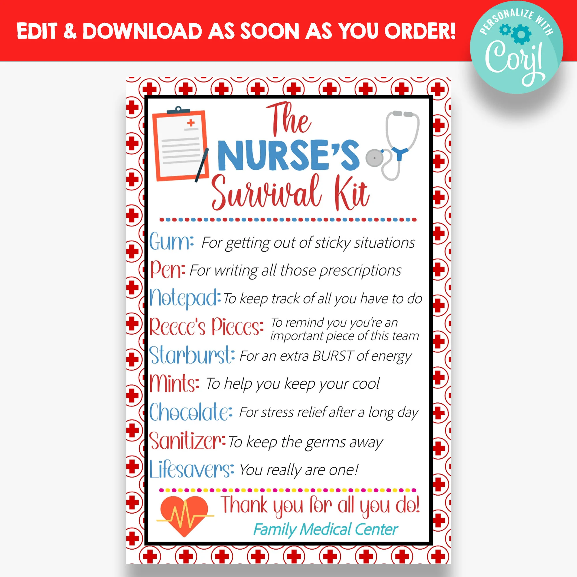 Editable Nurses Survival Kit Tag Nurse
